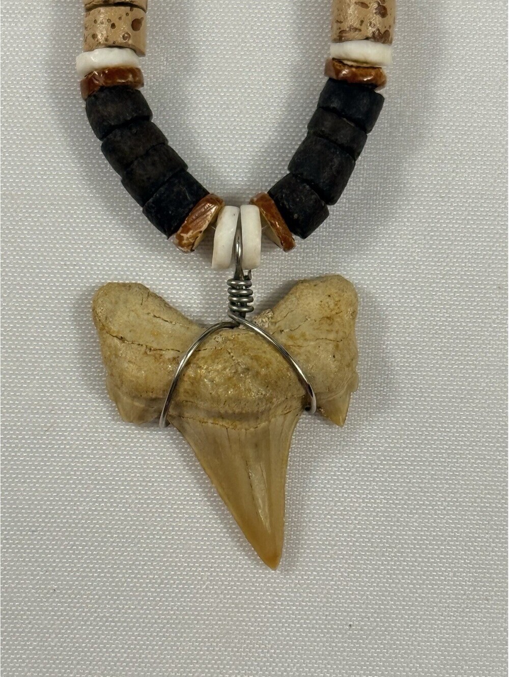 Shark Tooth Pendant Surfer Necklace for Men Wood / Shell Beads 16" Length